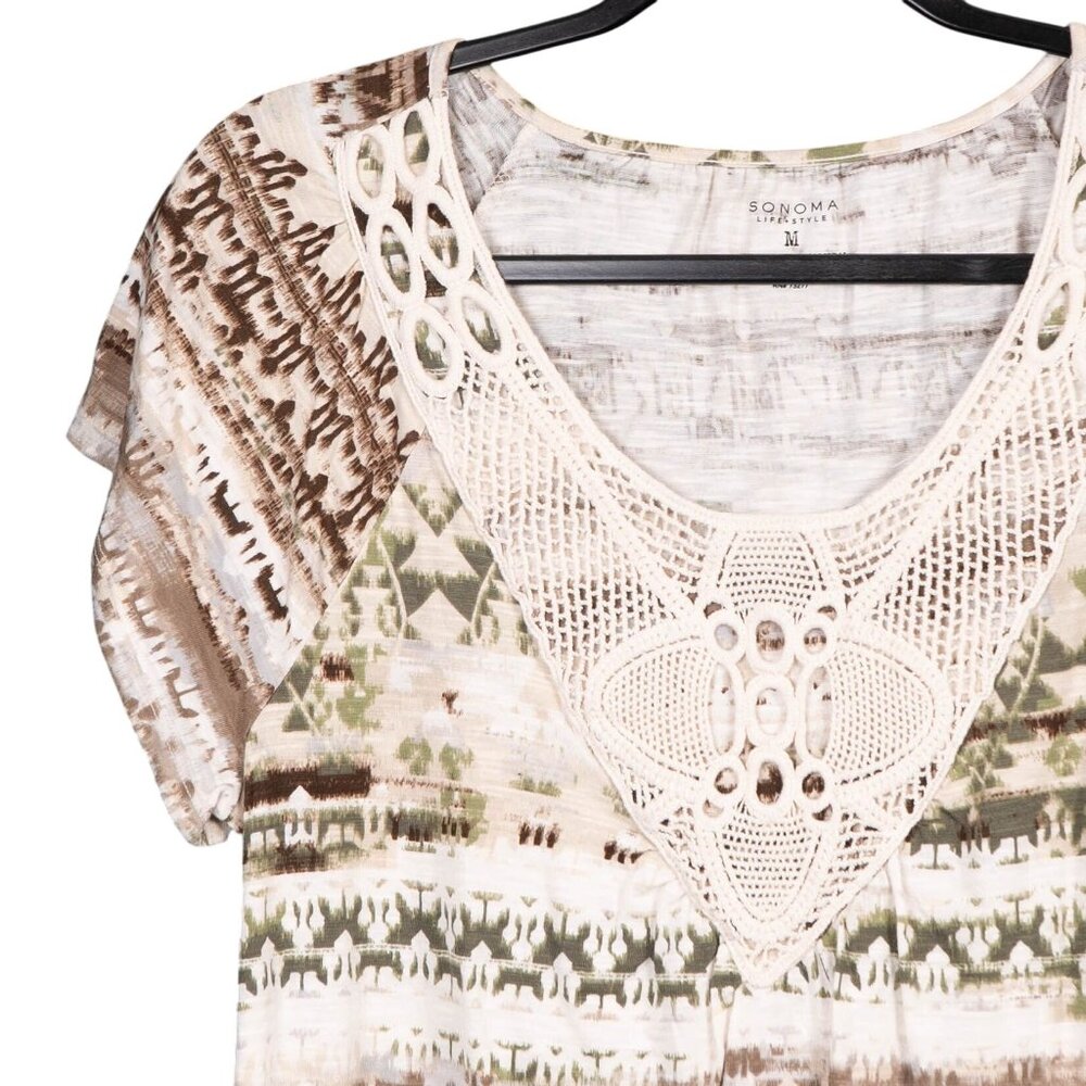 Sonoma Boho Shirt M Womens Crochet Green Brown Cream Short Sleeve Indie Hippie - Picture 2 of 6
